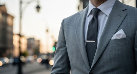 Sharp suit and tie, urban backdrop with bokeh lights, confident style