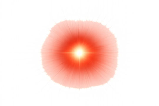 A glowing red cinematic lens flare with a radiant starburst effect, isolated on a clean white background for simple composition