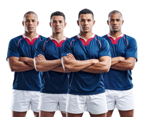 Four Rugby Players Standing Shoulder-to-Shoulder, Arms Crossed, Front View, Isolated PNG