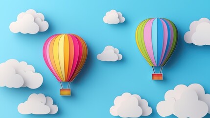 Naklejka premium Two colorful hot air balloons float in a bright blue sky adorned with fluffy white clouds, creating a whimsical and cheerful atmosphere.