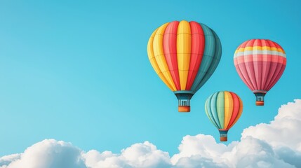 Fototapeta premium Colorful hot air balloons float peacefully in a bright blue sky, surrounded by fluffy white clouds, creating a serene and uplifting scene.