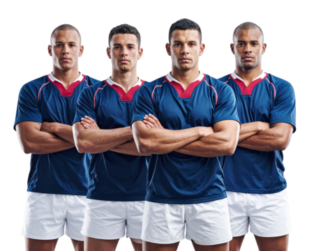 Four Rugby Players Standing Shoulder-to-Shoulder, Arms Crossed, Front View, Isolated PNG - Powered by Adobe