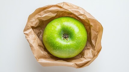 Single green apple rests in crumpled brown paper bag