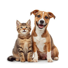 A small tabby kitten and a happy brown and white dog sitting side by side, isolated on white background