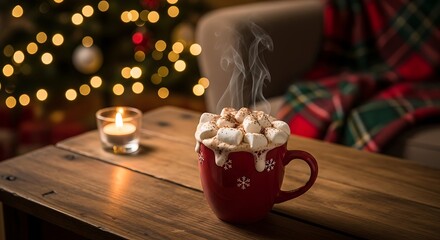 Enjoy steaming hot chocolate with marshmallows during the holidays in a cozy setting
