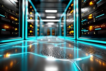 Pasillo futurista en un centro de datos, con luces brillantes y tecnología avanzada