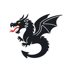 Black dragon silhouette with wings and red tongue, isolated on white background Vector, illustration