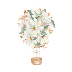 Floral garden kids watercolor illustration isolated background. Hot air balloons and white pink flowers neutral colors hand painted. Children's room art. Sketch air ship for baby shower invite.
