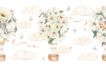 White Floral Hot Air Balloons Seamless Border isolated. Hand painted air ships of flowers with clouds, ribbons and butterflies in pastel colors. Watercolor repeat for nursery wall or baby textile.
