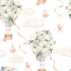Spring Sky Balloons watercolor seamless pattern isolated white. Hand painted hot air balloons with flowers and butterflies in soft pink. Delicate repeat for nursery room wallpaper and textiles.