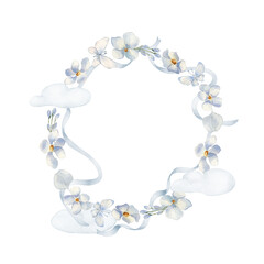 Monochrome pale blue wreath watercolor isolated. Round frame of hand painted tiny flowers, butterflies and ribbons. Drawing for baby shower cards, nursery scrapbook. Childish neutral frame of clouds.