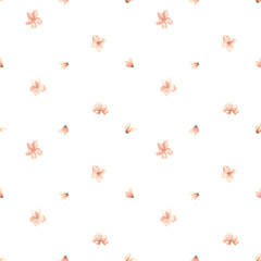 Delicate Pink Floral watercolor seamless pattern isolated. Soft pink flowers repeat for childish textile. Small scale floral print hand drawn. Neutral background for swaddles, bedding, baby clothes.
