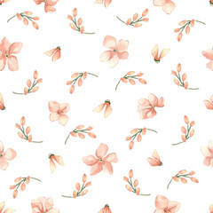 Pastel Pink Ditsy Print watercolor isolated. Seamless Sprig Pattern for Baby Textile and Nursery Fabric. Soft peach all over pattern with tiny flower buds and sprigs. Hand drawn ditsy print for baby.