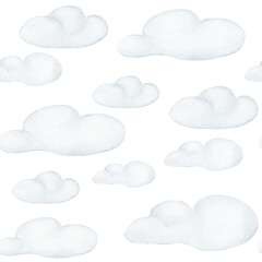 Soft Blue Clouds watercolor seamless pattern isolated. Sky print hand painted for nursery decor. Cloud pattern in pale blue tones. Repeat background for baby textile, nursery wallpaper and bedding.