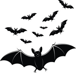Black bat silhouettes flying in night sky, Halloween illustration with spooky shapes, vector design for decoration, posters, and graphics