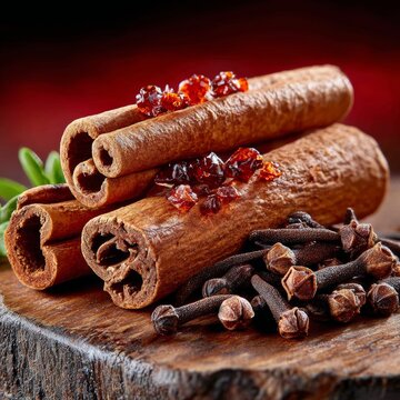 Canela y clavos de olor en madera con fondo oscuro en un estudio