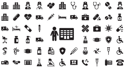 Healthcare glyph icon set. Vector pictograms of medicine, hospital, doctor, nurse, stethoscope, syringe, insurance, emergency, vaccine, pill, general health, black sign silhouette illustration