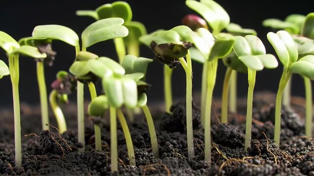 Close Up Young Green Sprouts Growing in Dark Soil Against a Black Background