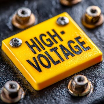 Se&ntilde;al de alto voltaje en primer plano, mostrando detalles de la superficie y los tornillos en un entorno oscuro