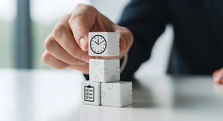 Hand arranging wooden blocks with time management and task management symbols on white table