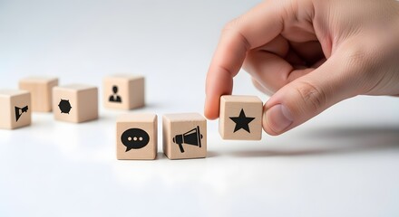 Hand arranging wooden blocks with marketing and communication symbols isolated on white background