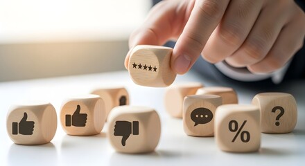 Hand holding wooden cube with star rating icon, concept of customer feedback and review isolated on white background