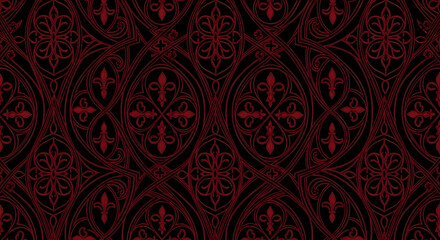 Ornate red floral pattern on black background with repeating shapes and intricate detailing design