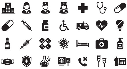 Healthcare glyph icon set. Vector pictograms of medicine, hospital, doctor, nurse, stethoscope, syringe, insurance, emergency, vaccine, pill, general health, black sign silhouette illustration