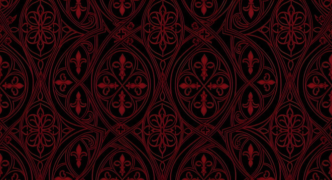 Ornate red floral pattern on black background with repeating shapes and intricate detailing design