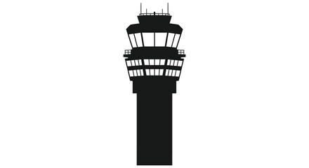 A stark black silhouette of a tall air traffic control tower against a plain white background