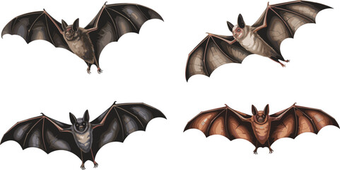 Collection of four detailed bat illustrations showing different species in flight, realistic wings, wildlife art, nocturnal animals, and nature concept