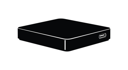 A simple black silhouette of a small electronic device with a usb port visible on the side on a white background