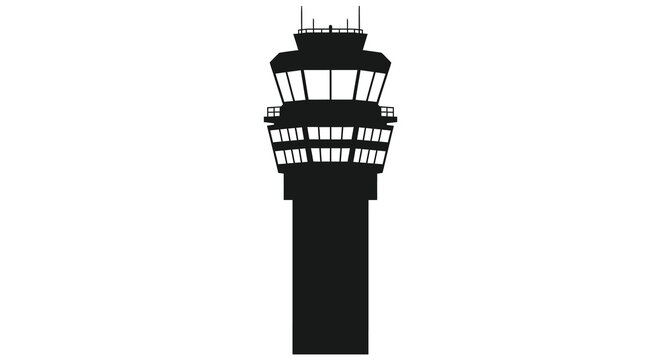 A stark black silhouette of a tall air traffic control tower against a plain white background