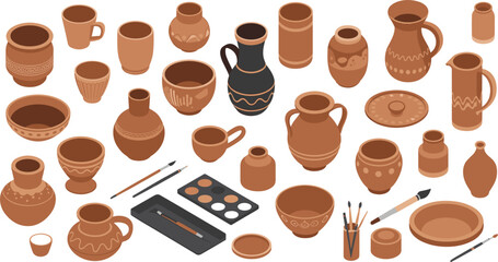 Flat isometric illustration of handmade pottery collection with ceramic vases, cups, bowls, jugs, brushes, paint set, artistic tools