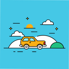 Stylized yellow suv driving through scenic landscape vector illustration