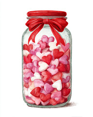 Heart-shaped candies in a glass jar with a red ribbon for a festive occasion