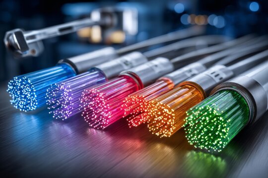 Rama gruesa de fibras &oacute;pticas iluminadas en colores vibrantes en un entorno tecnol&oacute;gico
