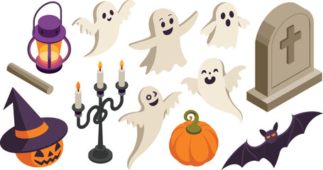 Isometric 3d Halloween illustration set with ghosts, pumpkins, bats, lantern, tombstone, witch hat, candles and spooky decorations