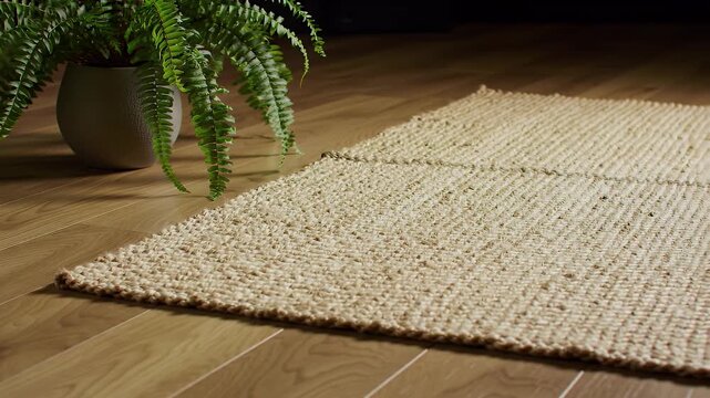 Tan Woven Rug on Wood Floor near Green Fern Pot in Soft Lighting