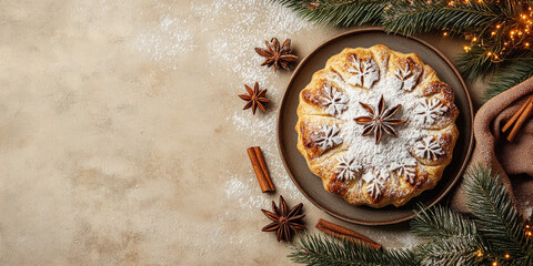 Powdered sugar-dusted Christmas pastry nestled among evergreen sprigs and star anise, radiating warm seasonal charm and festive holiday spirit