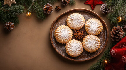 Powdered sugar-dusted cookies resting on rustic plate, surrounded by festive winter elements like star anise, pine branches, pinecones, soft holiday lighting and crimson textile