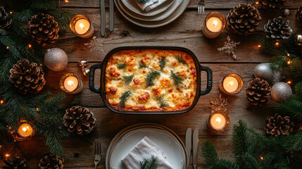 Christmas dinner setting a festive mood with a delicious baked casserole, pine cones, green fir branches, decorative baubles, and lit candles creating a warm ambiance