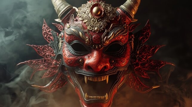 Intricate red and gold dragon mask with horns and smoke