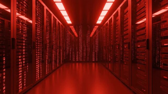 Red-lit data center corridor with servers and digital code streams