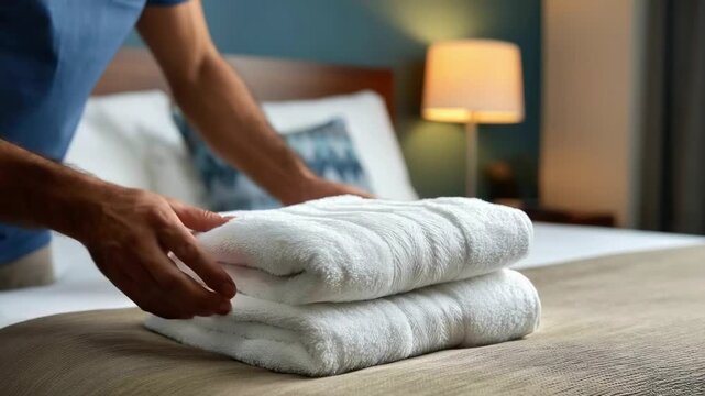 A persons hands arrange a stack of two fluffy white towels neatly on a textured bedspread A soft light from a bedside lamp illuminates the background