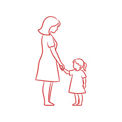 Mother and daughter holding hands line art   simple red outline illustration Vector, illustration