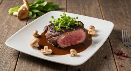 Succulent beef steak with mushrooms and greens, served on rustic wood