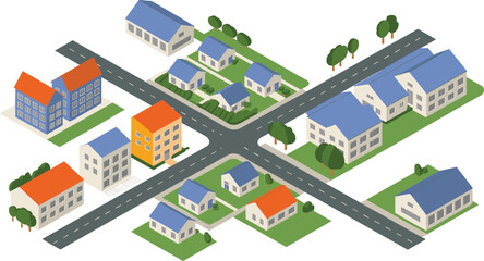 Isometric 3d illustration of suburban neighborhood with streets, houses, apartments, trees, roads and residential community urban planning