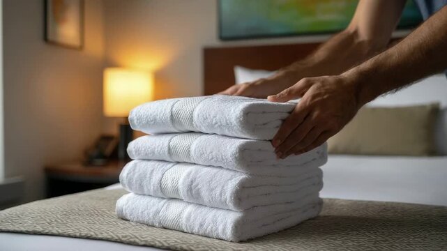 A persons hands neatly arrange a stack of four clean white folded towels on a patterned bed runner in a warmly lit room with a bed