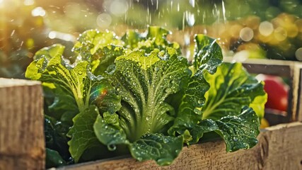 Fresh green lettuce leaves with water droplets and sun light. Gardening growing vegetable bed, healthy food concept. Footage. - Powered by Adobe